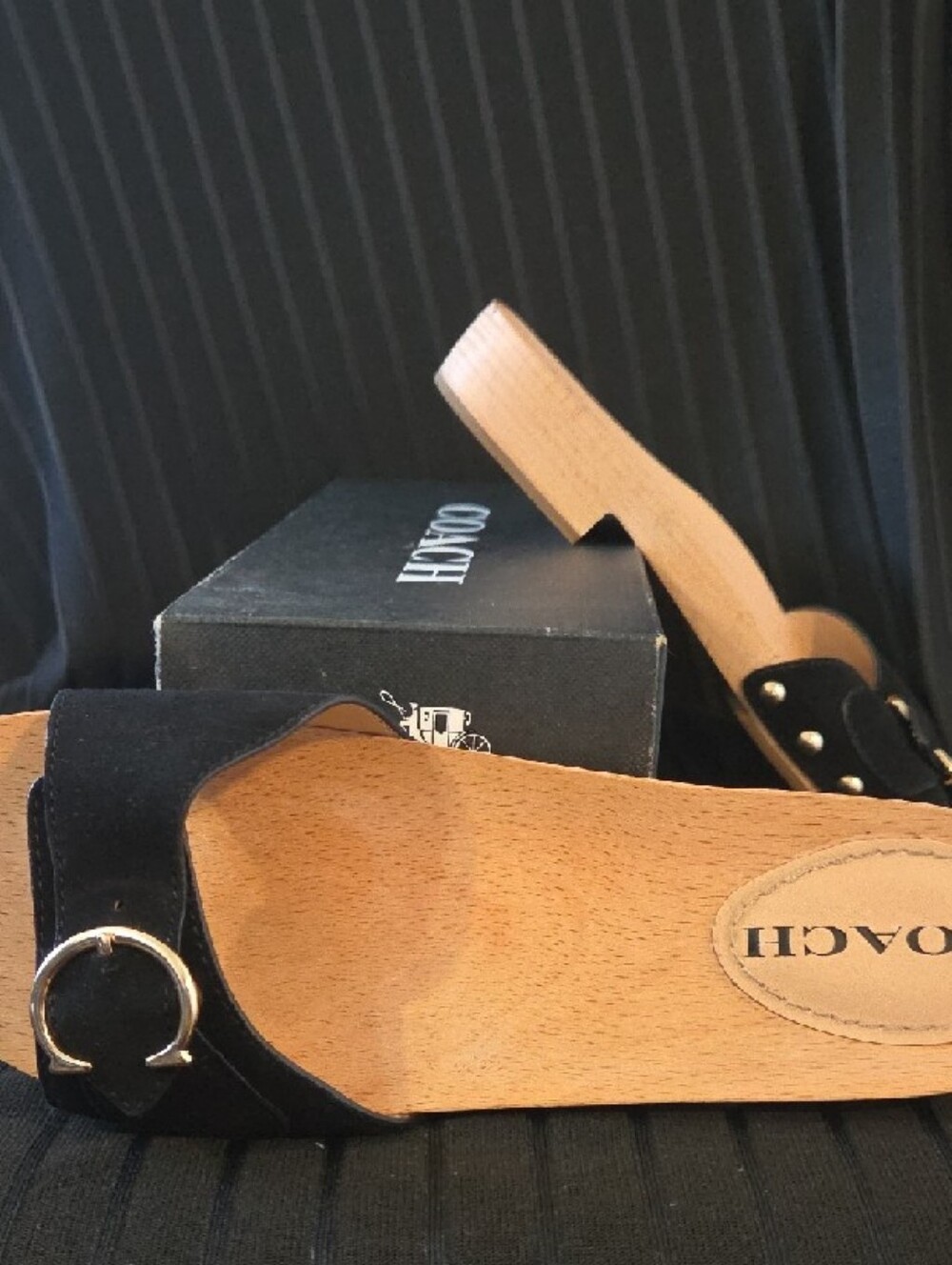 COACH Black Suede Slide Mules with Wood-Tone Heel - Picture 3 of 3